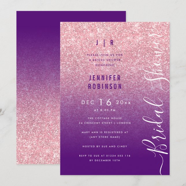 Rose Gold Glam Glitter Script Bridal Shower Purple Invitation (Front/Back)