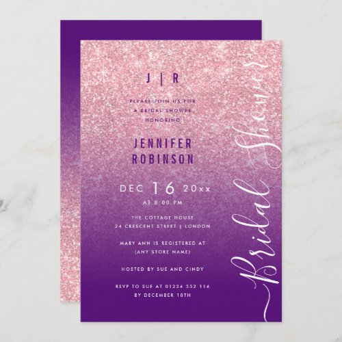 Rose Gold Glam Glitter Script Bridal Shower Purple Invitation