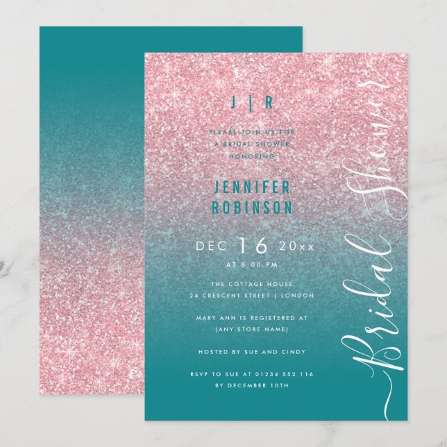 Rose Gold Glam Glitter Script Bridal Shower Teal  Invitation (Front/Back)