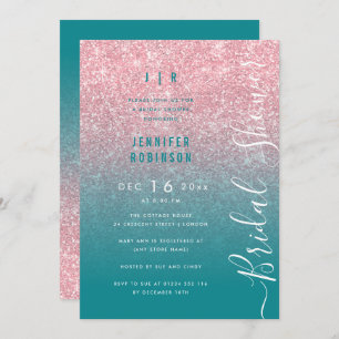 Rose Gold Glam Glitter Script Bridal Shower Teal Invitation