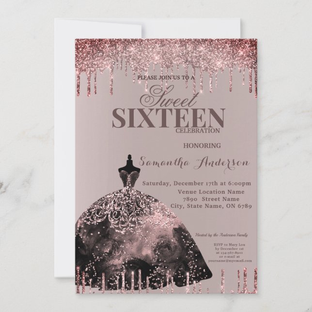 Rose Gold Glam Glitter Spark Sweet 16 Birthday Invitation (Front)