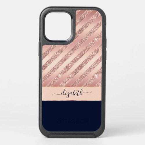 Rose Gold Glam Glitter Stripes Personalized OtterBox Symmetry iPhone 12 Case