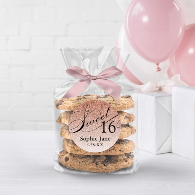 Rose Gold Glam Glitter Sweet 16 Personalized Classic Round Sticker (Creator Uploaded)
