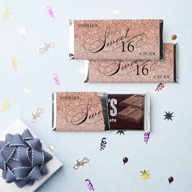 Rose Gold Glam Glitter Sweet 16 Personalized Hershey Bar Favors (Front)