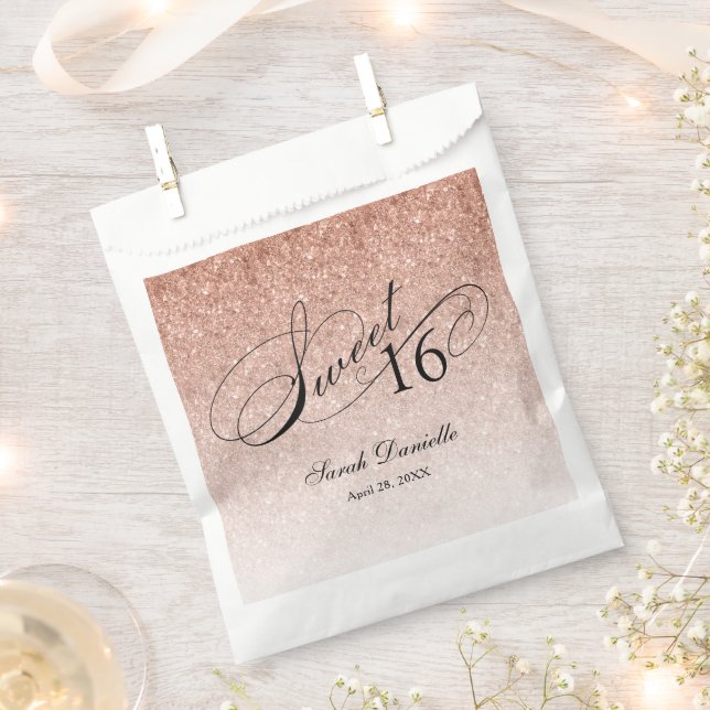 Rose Gold Glam Glitter Sweet 16 Script Custom Favor Bag (Clipped)