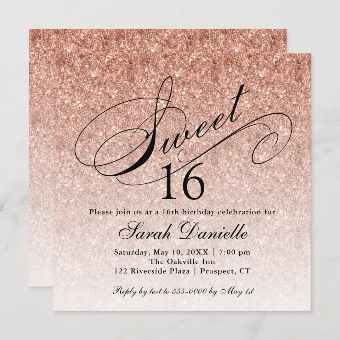 Rose Gold Glam Glitter Sweet 16 Square Invitation | Zazzle