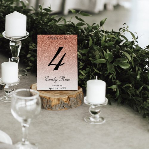 Rose Gold Glam Glitter Table Number Card