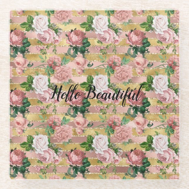 Rose Gold Glam Glitz Roses Floral Stripes          Glass Coaster (Front)