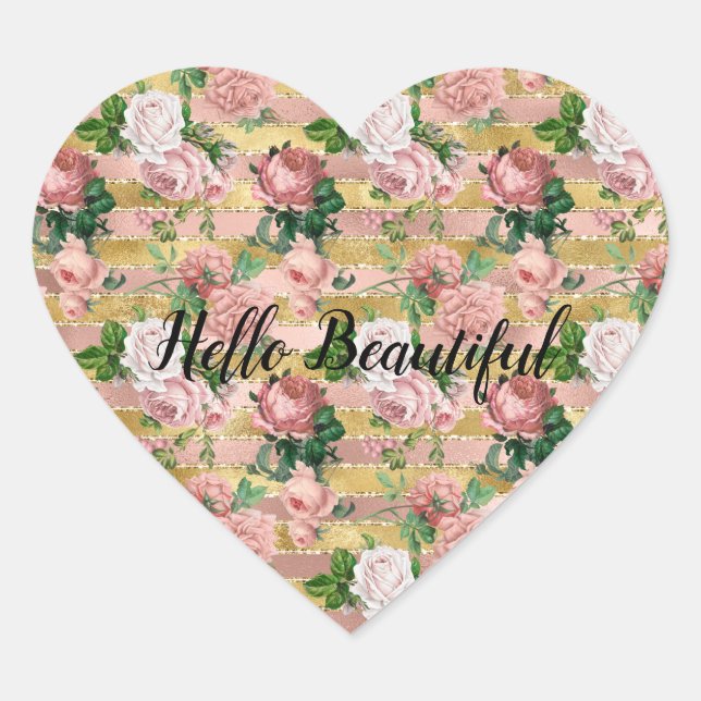 Rose Gold Glam Glitz Roses Floral Stripes        Heart Sticker (Front)