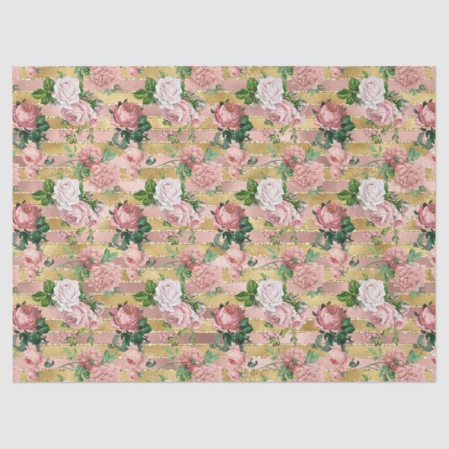 Rose Gold Glam Glitz Roses Floral Stripes      Tissue Paper (Front)