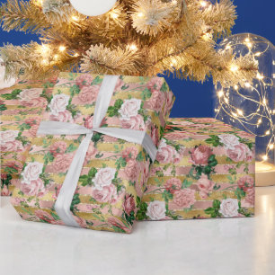 Rose Gold Glam Glitz Roses Floral Stripes Wrapping Paper