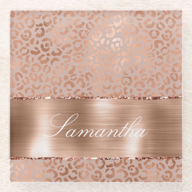 Rose Gold Glam Leopard Glass Coaster (Front)