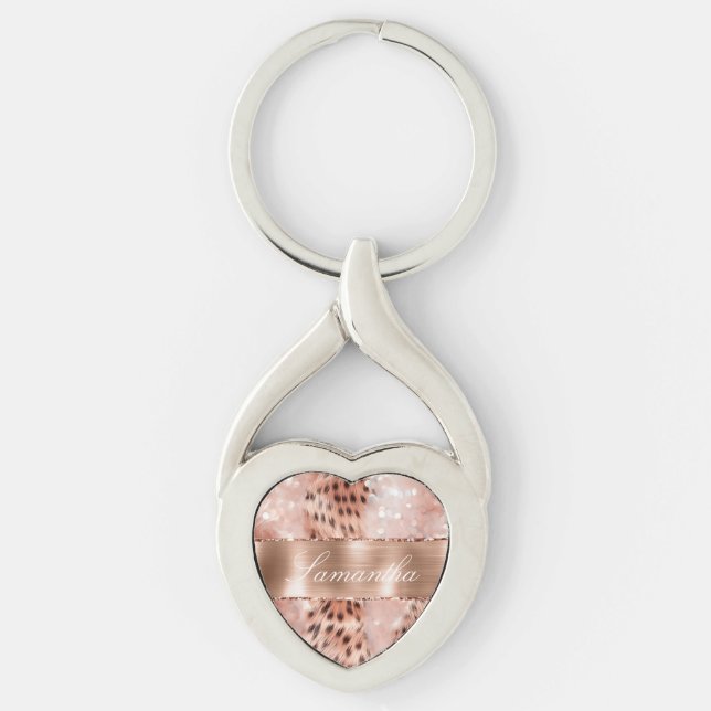 Rose Gold Glam Leopard Glitter Keychain (Front)