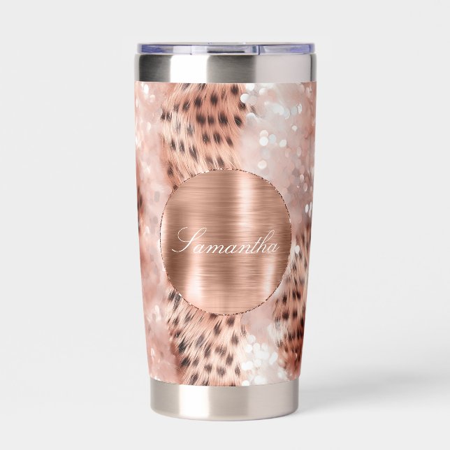 Rose Gold Glam Leopard Glitter Personalized Insulated Tumbler (Front)