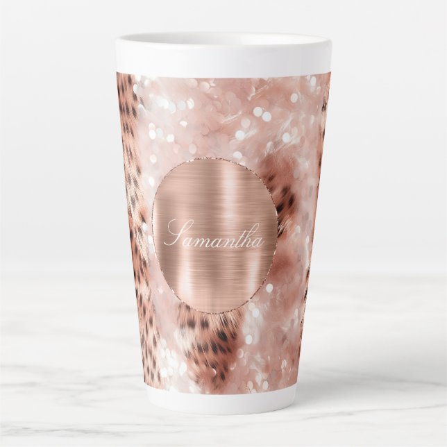 Rose Gold Glam Leopard Glitter Personalized Latte Mug (Front)