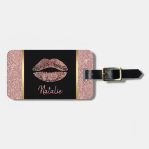 Rose Gold Glam Lips with Name Modern Glitter Luggage Tag
