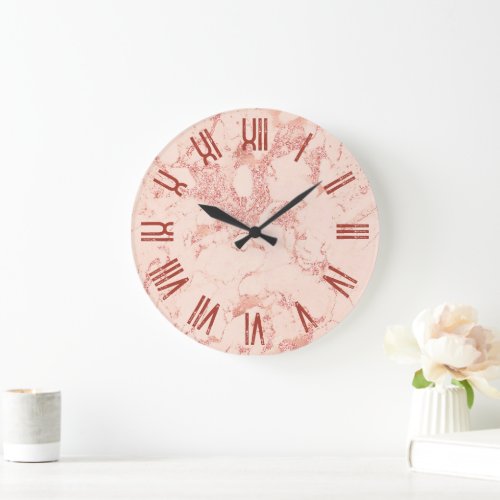 Rose Gold Glam Marble Retro Grunge Roman Numerals Large Clock