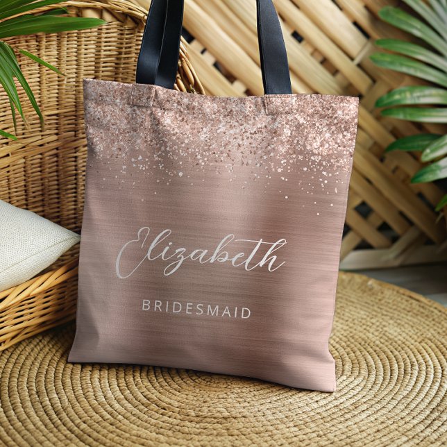 Rose Gold Glam Metallic Modern Script Bridesmaid Tote Bag (Creator Uploaded)