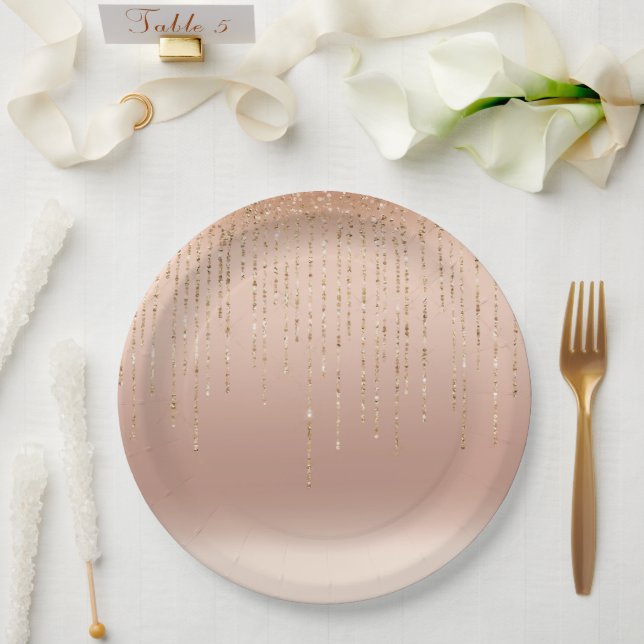 Rose Gold Glam Peach Sparkle Strings Wedding Paper Plates (Wedding)