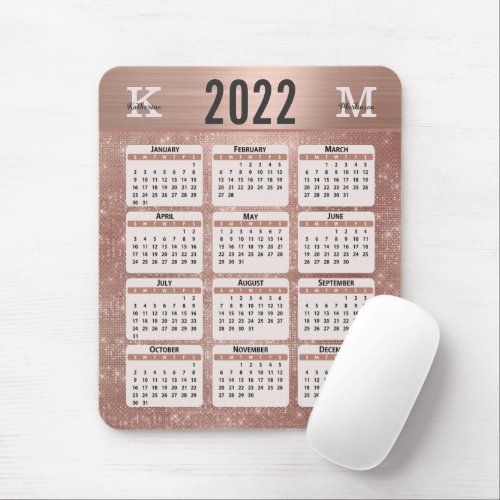 Rose Gold Glam Sparkle Monogram Name 2022 Calendar Mouse Pad