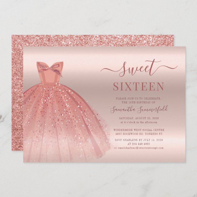 Rose Gold Glam Sweet 16 Birthday Script Invitation (Front/Back)