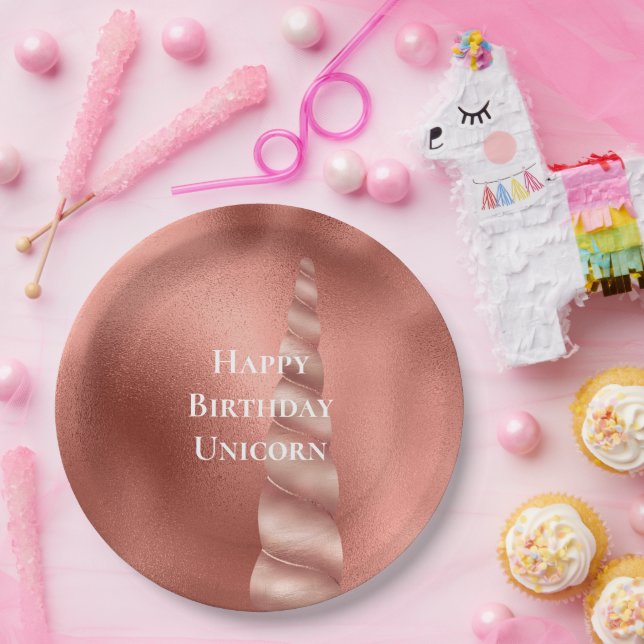 Rose Gold Glam Unicorn Birthday Paper Plates (Party)