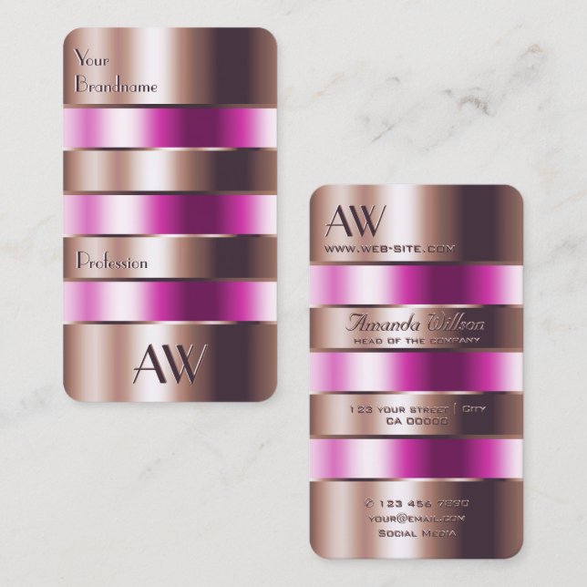 Rose Gold Glass Look Pink Fluids Faux 3D Initials Business Card (Front/Back)