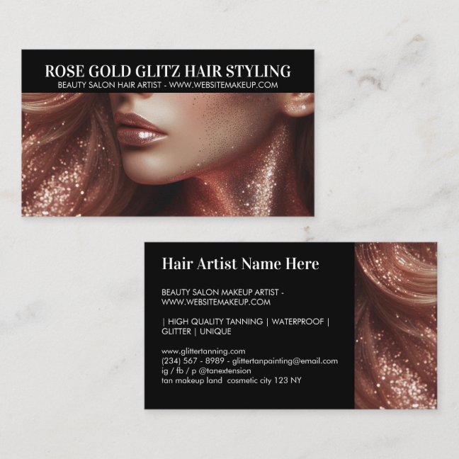 Rose Gold Glit Hair Stylist Artist Photo Business Card