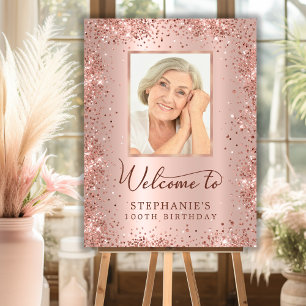 Rose Gold Glitter 100th Birthday Photo Welcome Foam Board