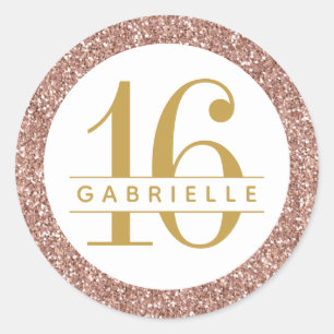 Rose Gold Glitter 16 Birthday Favor Sticker Label