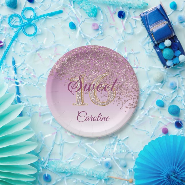 Rose Gold Glitter, 16 Glitter, Sweet 16 Birthday Paper Plates (Party)