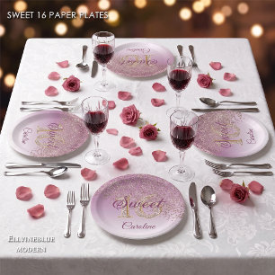 Rose Gold Glitter, 16 Glitter, Sweet 16 Birthday Paper Plates