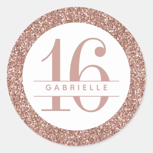 Rose Gold Glitter 16th Birthday Personalized Classic Round Sticker