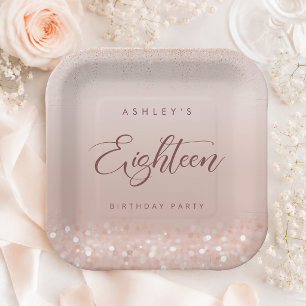 Rose Gold Glitter 18th Birthday Party Square Paper Plates