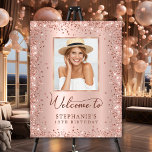Rose Gold Glitter 18th Birthday Photo Welcome  Foam Board<br><div class="desc">Personalized Rose Gold Glitter Photo 18th Birthday Welcome Sign — Welcome your guests in style with this chic Birthday Foam Board. Highlighted by shimmering rose gold glitter, a soft pink metallic foil-look background, and elegant hand-lettered swash calligraphy, this sign is ideal for milestone birthdays like 16th, 30th, 40th, 50th, 55th,...</div>