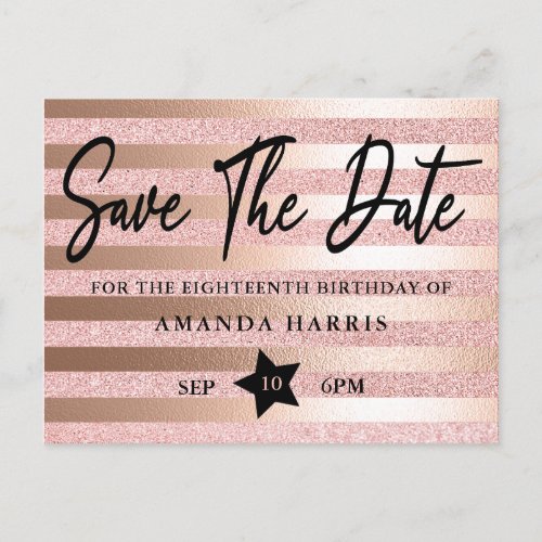 Rose Gold Glitter 18th Birthday Save The Date Postcard