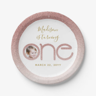 Rose Gold Glitter 1st Birthday Girl Blush Pink Paper Plates