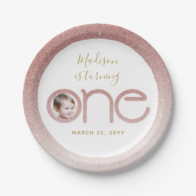 Rose Gold Glitter 1st Birthday Girl Blush Pink Paper Plates (Front)