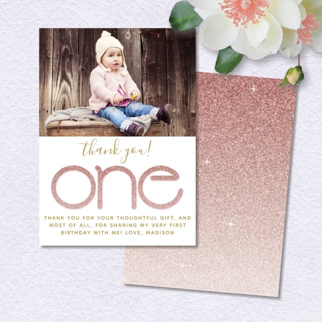 Rose Gold Glitter 1st Birthday Thank You Card (Creator Uploaded)