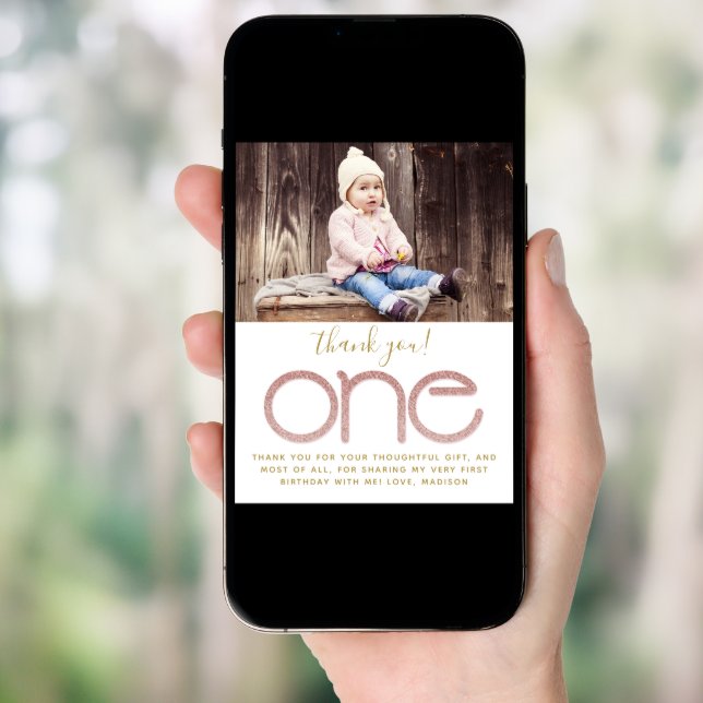 Rose Gold Glitter 1st Birthday Thank You Card (Front Digital)