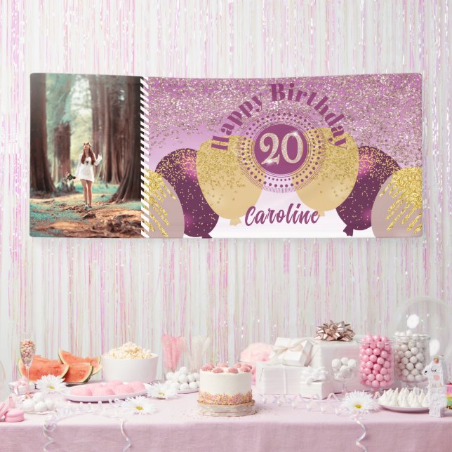 Rose Gold Glitter 20th Birthday & Balloons  Banner (Party)