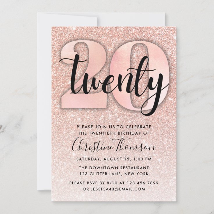 Rose Gold Glitter 20th Birthday Invitation | Zazzle