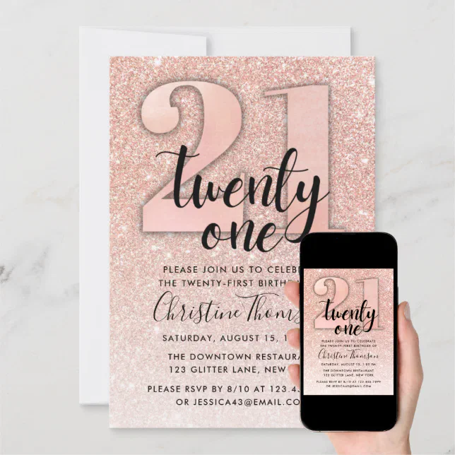 Rose Gold Glitter 21st Birthday Invitation | Zazzle