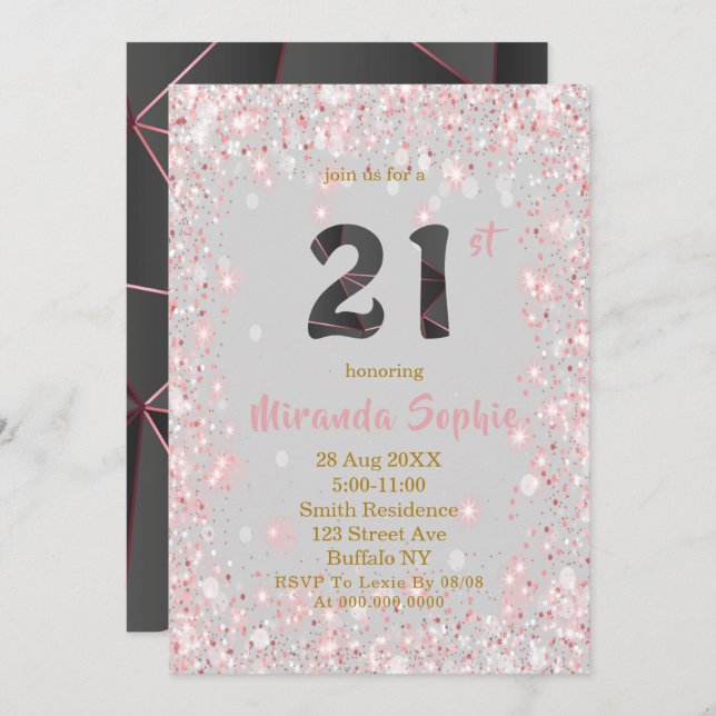 Rose Gold Glitter 21st Birthday Invitations  (Front/Back)