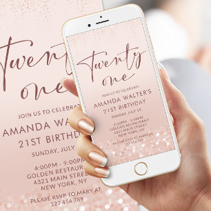 Rose Gold Glitter 21st Birthday Mobile Invite