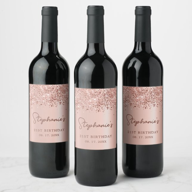 Rose Gold Glitter 21st Birthday Monogram Script Wine Label (Bottles)
