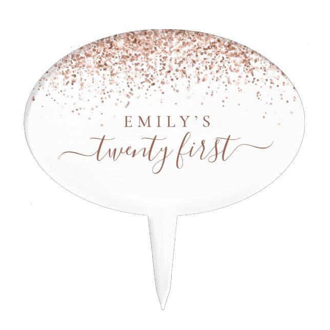 Rose Gold Glitter 21st birthday Party Cake Topper (Front)