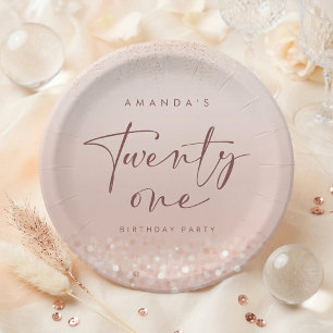Rose Gold Glitter 21st Birthday Party Round Paper Plates