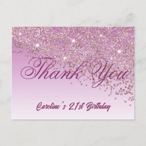 Rose Gold Glitter 21st Birthday Thank You Postcard