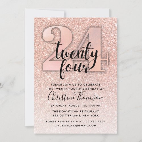 Rose Gold Glitter 24th Birthday Invitation